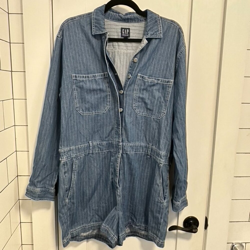 Gap Pinstripe Denim Utility Romper NWT Size 14 - Picture 2 of 5